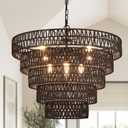 25.6" Black Hand-Woven Rattan Chandelier - Vintage Farmhouse 8-Lights Boho Large Bamboo Light Fixture - Retro 5-Tier Drum Wicker for Dining Room, Kitchen, Bedroom, E12