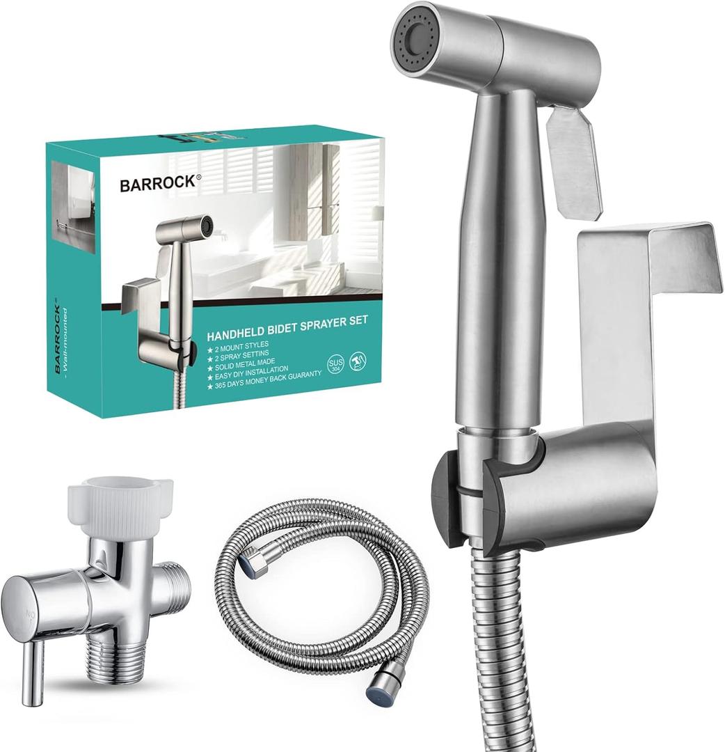 BARROCK Handheld Bidet Sprayer for Toilet, Stainless Steel Metal Made Baby Cloth Diaper Spraying Kit, Bathroom Toilet Bidet Attachment Set for Bathing Pets and Feminine Hygiene, Brushed Nickel