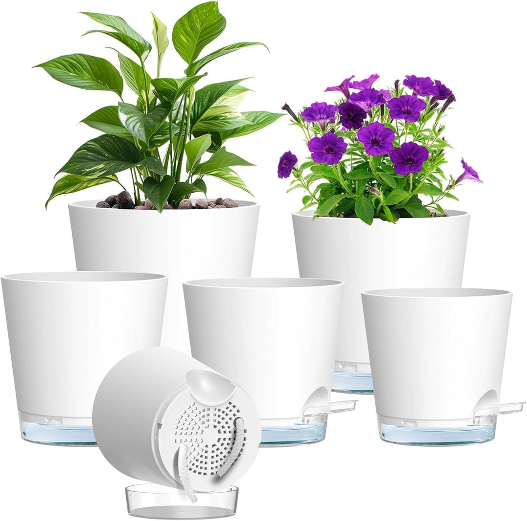 Meowell Self Watering Pots Pack of 6 Different Size 4" to 7" Indoor Plant Pots with Drainage Holes and Clear Reservoir for Visible Water Level, Plastic Wicking Planters for House Plants, White