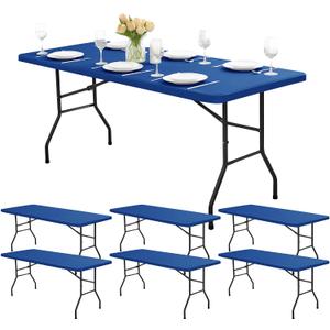 Fitted Tablecloths for 6-Foot Rectangle Tables - 6 Pack Outdoor Picnic Table Covers with Elastic, Washable Folding Table Protector for Party Banquet Graduation, 30x72 Inch, Royal Blue