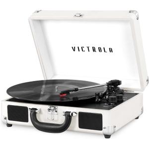 Victrola Journey Bluetooth Portable Suitcase Record Player  with Built-in Speakers, 3 Speed Vinyl Record Player, RCA Out, Headphone Jack, White/Silver