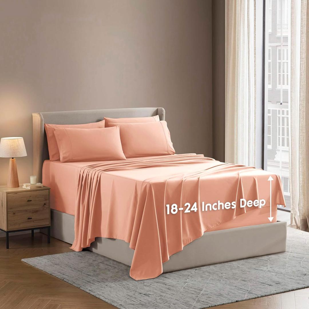 Nestl Extra Deep Queen Sheet Set - 6 Piece Breathable & Cooling Sheets - Hotel Luxury Bedding Set w/18-24 Inch Extra Deep Pockets - Easy & Secure Fit - Super Soft, Wrinkle Free & Comfy - Peach Beige