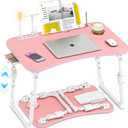 Lap Desk for Bed Adjustable Height, Foldable Bed Table with Storage Drawer, Tablet Slot & Cup Holder, Portable Laptop Stand for Bed & Sofa, Bed Desk for Adults & Kids, Pink