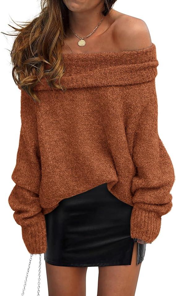 PRETTYGARDEN Women's Off The Shoulder Sweater Long Sleeve Tops 2026 Fall Loose Knit Pullover Sweaters Winter Clothes L