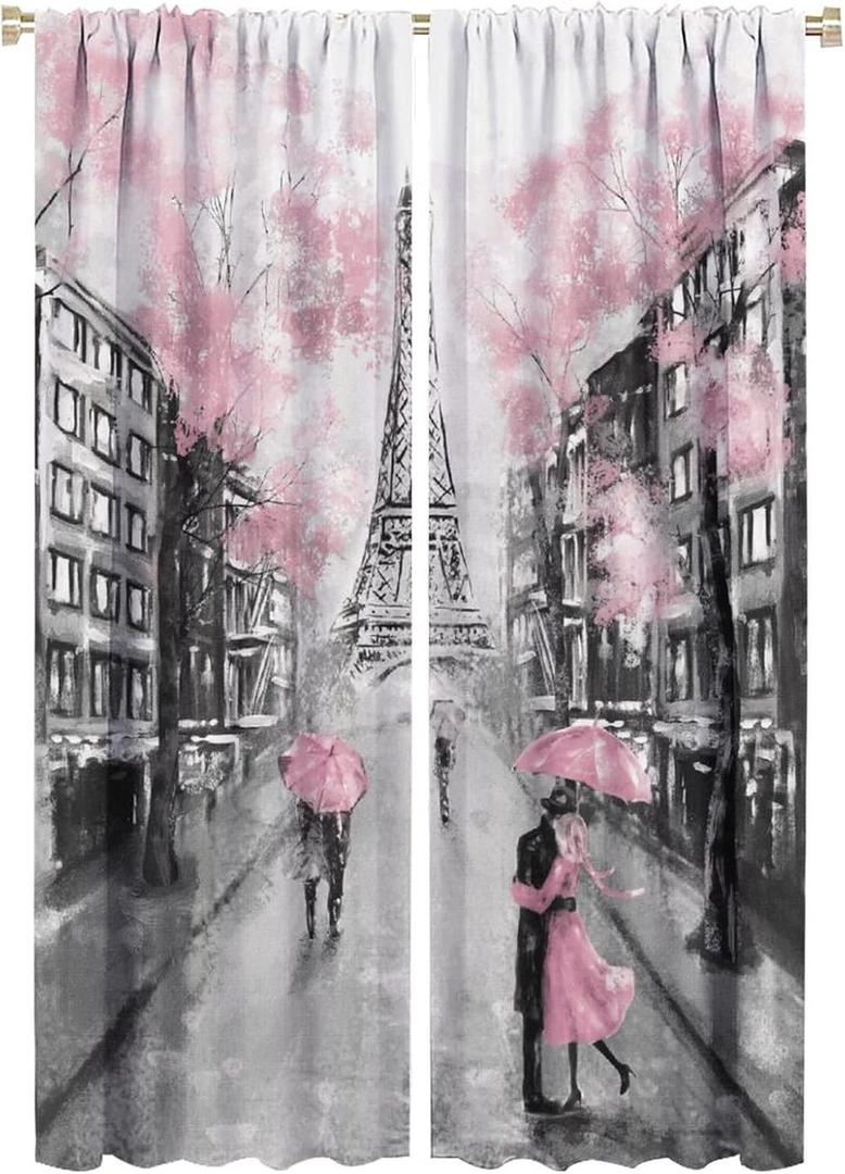 Paris Eiffel Tower Curtain Oil Painting European France City Landscape Modern Couple Black Pink Tree Home Decor Waterproof Fabric Bedroom Bathroom Living Room 2 Panels 42×63 Inch