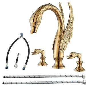 Gold Swan Bathroom Sink Faucet 3 Holes Widepspread Bathroom Faucet Double Swan Handles Basin Faucet Sink Mixer Tap Bathroom Vanity Faucets Contemporary Sink