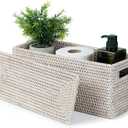 YANGQIHOME Toilet Paper Basket, Rattan Toilet Tank Basket for Bathroom, Wicker Baskets with Lid for Storage, Whitewash