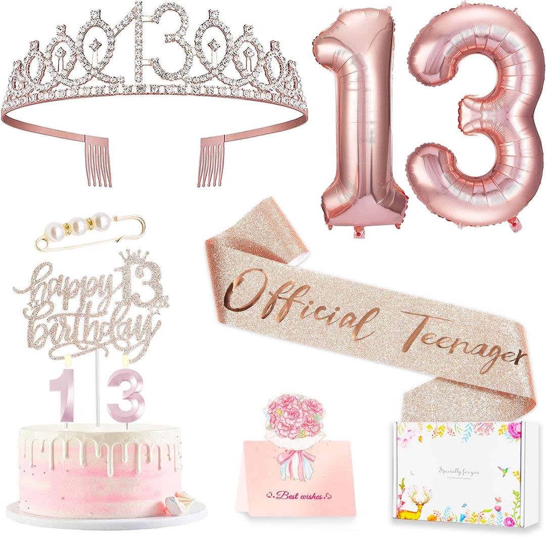 13th Birthday Decorations for Girls, Including 13th Happy Birthday Cake Toppers, Queen Sash with Pearl Pin, Sweet Rhinestone Tiara Crown, Number Candles and Balloons Set, Rose Gold