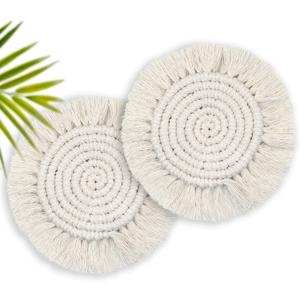 7.4in Boho Coasters Set of 2, Cute Drink Coasters Absorbent for Desk, Farmhouse Handmade Woven Macrame Coaster for Mugs Cups - Home Decor Housewarming Gift, Round Beige