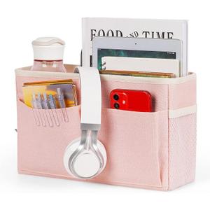 Bedside Caddy Bedside Storage Organizer Hanging Bunk Bed Dorm Room with Side Pockets for Water Bottles, Books, Cell Phones, Headphones (Pink)
