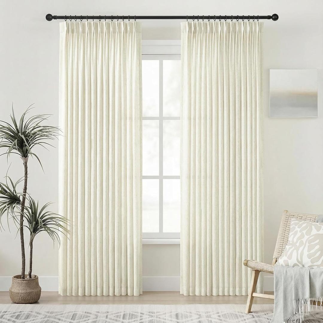 Beige Linen Curtains Pinch Pleated - 80 Inches Long Semi Sheer Curtains for Living Room with Rings Back Tab 2 Panels Set Light Filtering Farmhouse Drapes