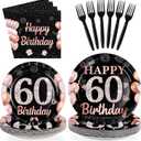 96Pcs 60th Birthday Decorations for Men Women Black and Rose Gold 60th Plates and Napkins Disposable Rose Gold 60 Happy Birthday Tableware Set for Women 60 Years Old Party Supplies, Serves 24