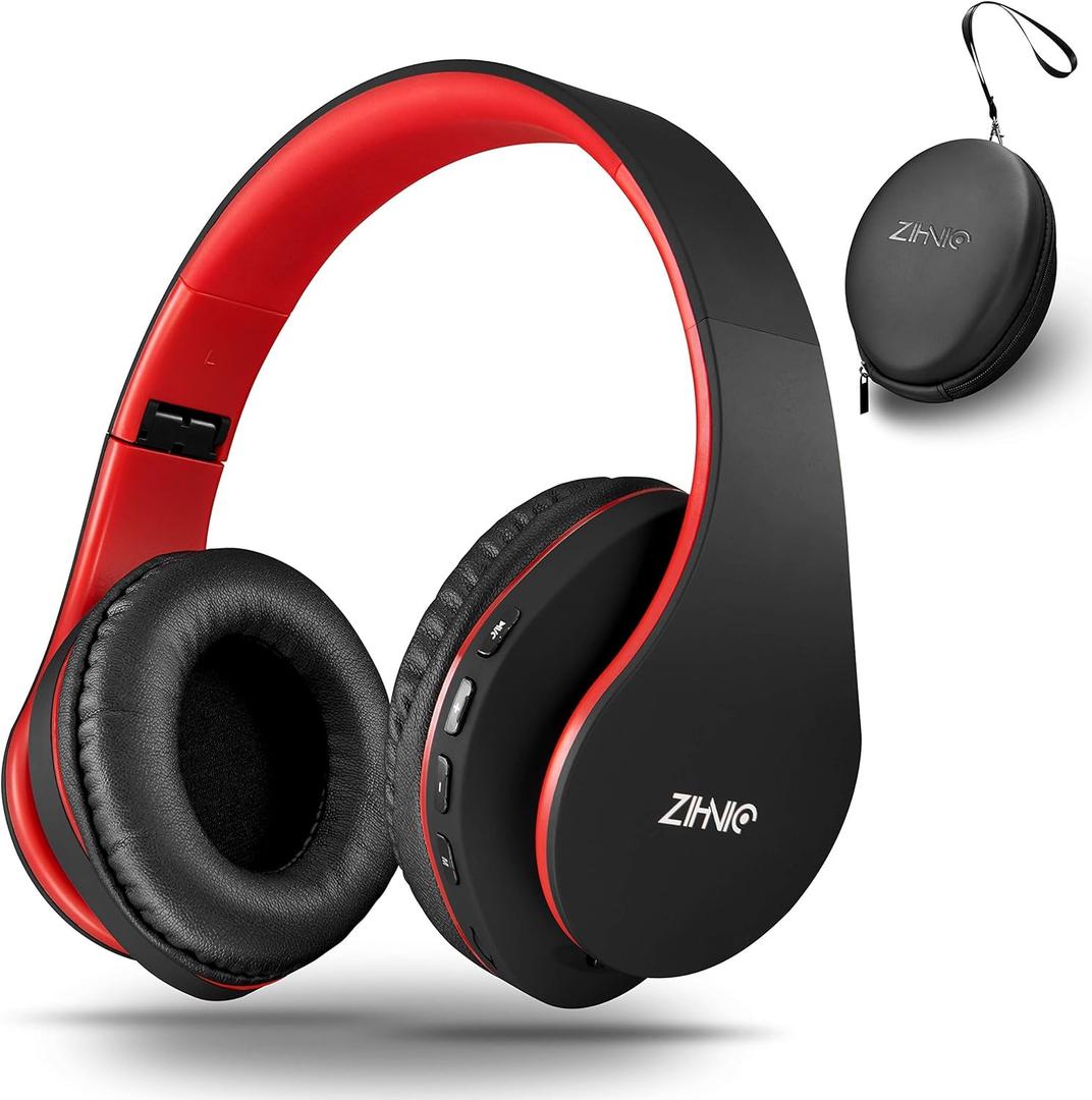 ZIHNIC Bluetooth Headphones Over-Ear, Foldable Wireless and Wired Stereo Headset Micro SD/TF, FM for Cell Phone,PC,Soft Earmuffs &Light Weight for Prolonged Wearing (Black/red)