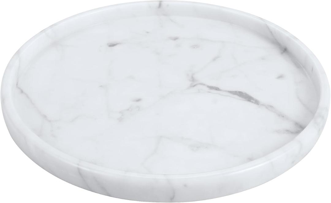 Decorative Round Marble Tray,8 Inches Diameter, Natural White Stone Vanity Organizer
