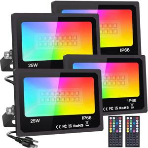 RGB Flood Light Outdoor 25W 4 Pack, DIY Color Changing Christmas Lights Outdoor Patio Floodlights with Remote, IP66 Waterproof RGB Spot Light Timing Uplights for Events Party Stage Light