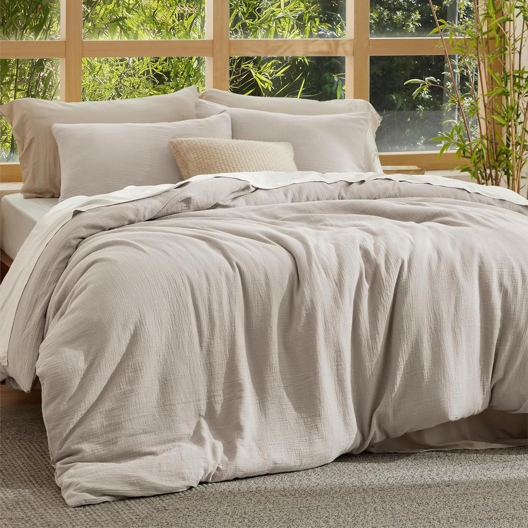 Bedsure Muslin Duvet Cover Queen Size - Cotton Blend Viscose Derived from Bamboo, Cooling Duvet Cover, PureWoven Ultra-Soft & Breathable Bedding Set for All Seasons (Oat Milk, 90"x90")