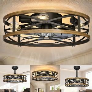 Caged Ceiling Fan with Lights,20in Low Profile Ceiling Fan, Small Rustic Industrial Farmhouse Ceiling Fans with Lights,Reversilbe Flush Mount Fandaliers Fan Light Ceiling Fixture for Bedroom Kitchen