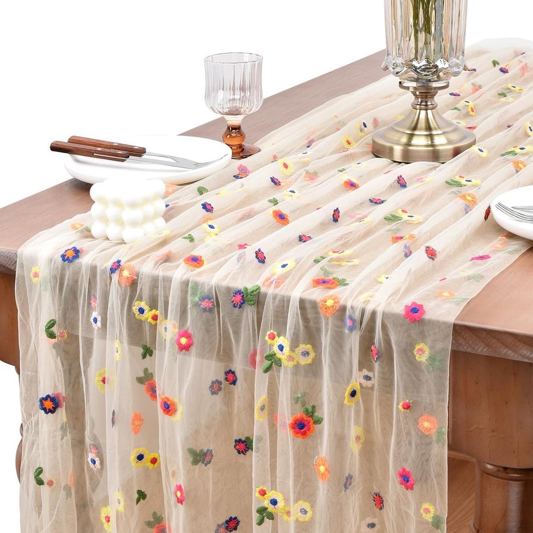Joanlody Champagne Embroidery Daisy Christmas Table Runner 10ft Florals Seasonal Tulle Table Runner Holiday Kitchen Dining Table Decoration for Home Party Indoor (10ft x 1pack)