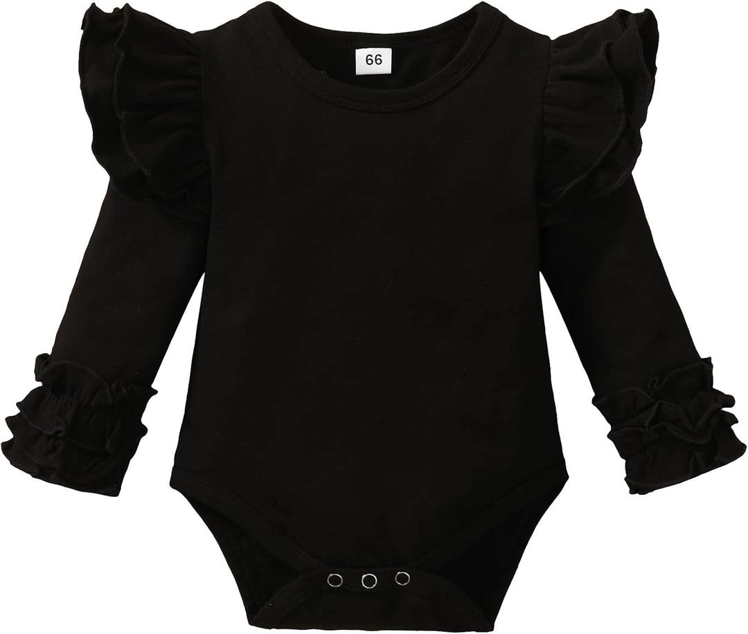 Baby Girl Solid Color Romper Infant Ruffle Sleeve Bodysuit One Piece Outfit Toddler Jumpsuit clothes (Black), 6-9 Months
