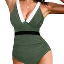 Blooming Jelly Womens One Piece Swimsuit Tummy Control Modest Bathing Suit Color Block V Neck Swimwear, XL