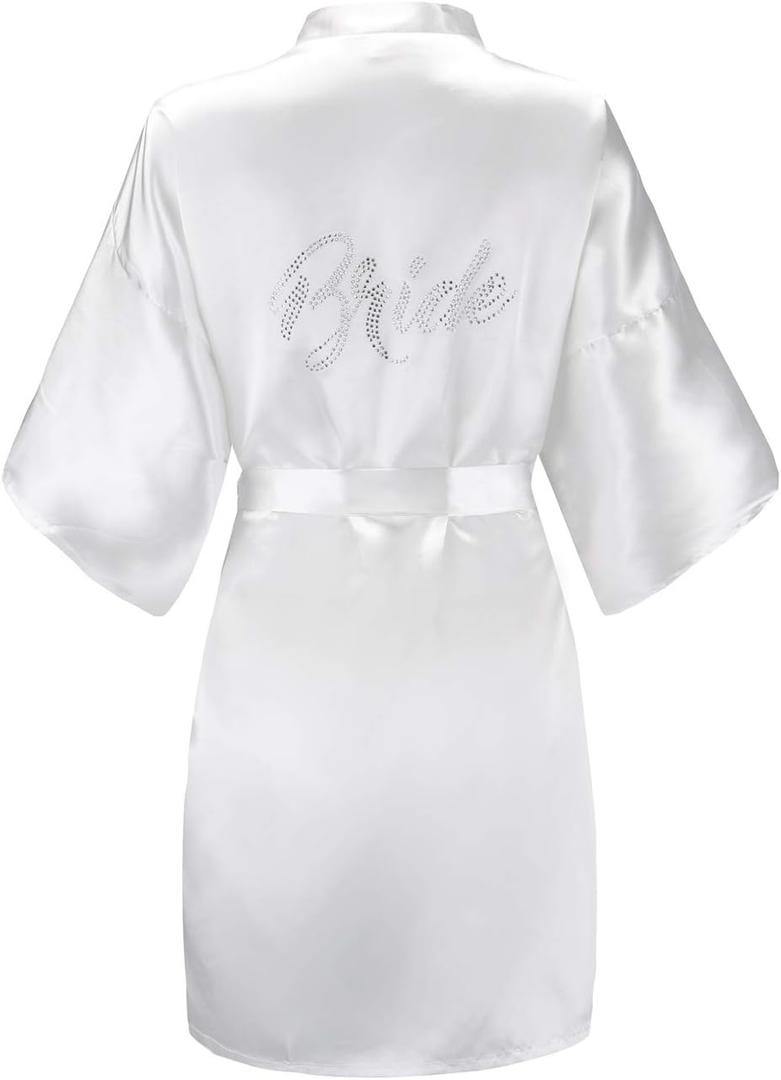 EPLAZA Women's One Size Silver Rhinestones Bride Bridesmaid Short Satin Robes for Wedding Party Getting Ready (White)