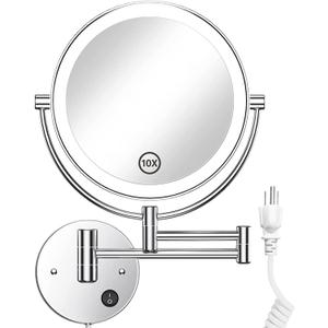 Gospire 8.5" Wall Mounted Lighted Magnifying Mirror, 1X/10X Double-Sided Magnification Round LED Cosmetic Vanity Bathroom Mirror Extendable Arm 360 Swivel for Shaving Makeup (Silvery)