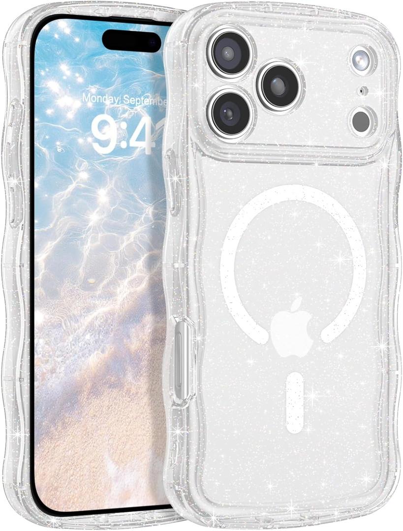 BENTOBEN Magnetic for iPhone 17 Pro Max Case,Clear Crystal Glitter [Curly Wave Edge] [Compatible with MagSafe] Slim Sparkly Shockproof Cute Women Girl Protective Case for iPhone 17 Pro Max 6.9",Clear