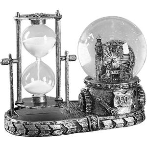 LED Music Snow Globe with Hourglass Vintage Castle Paris Eiffel Tower Home Decoration for Living Room Bedroom Book Shelf TV Cabinet Desk Table Top Decor Centerpieces Ornaments (A - Brass)