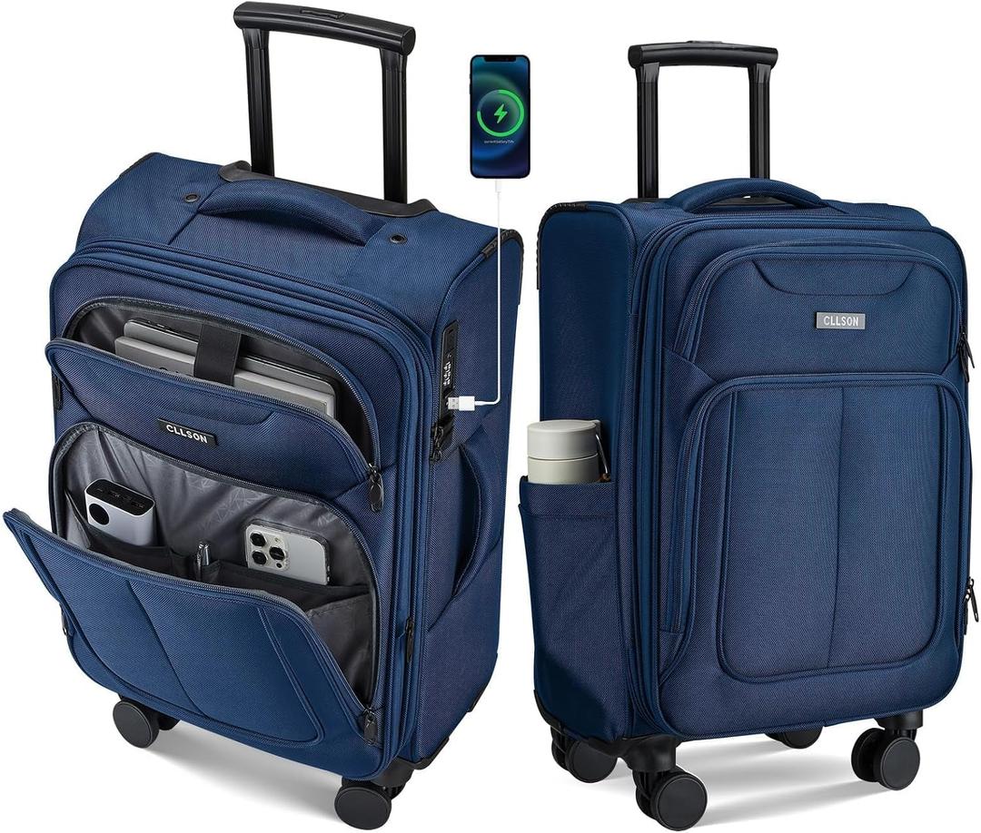 Softside Top Opening Carry On Luggage 22x14x9 Airline Approved, 20 Inch USB Port Suitcases with Spinner Wheels, Expandable luggage with TSA Lock for Women Men