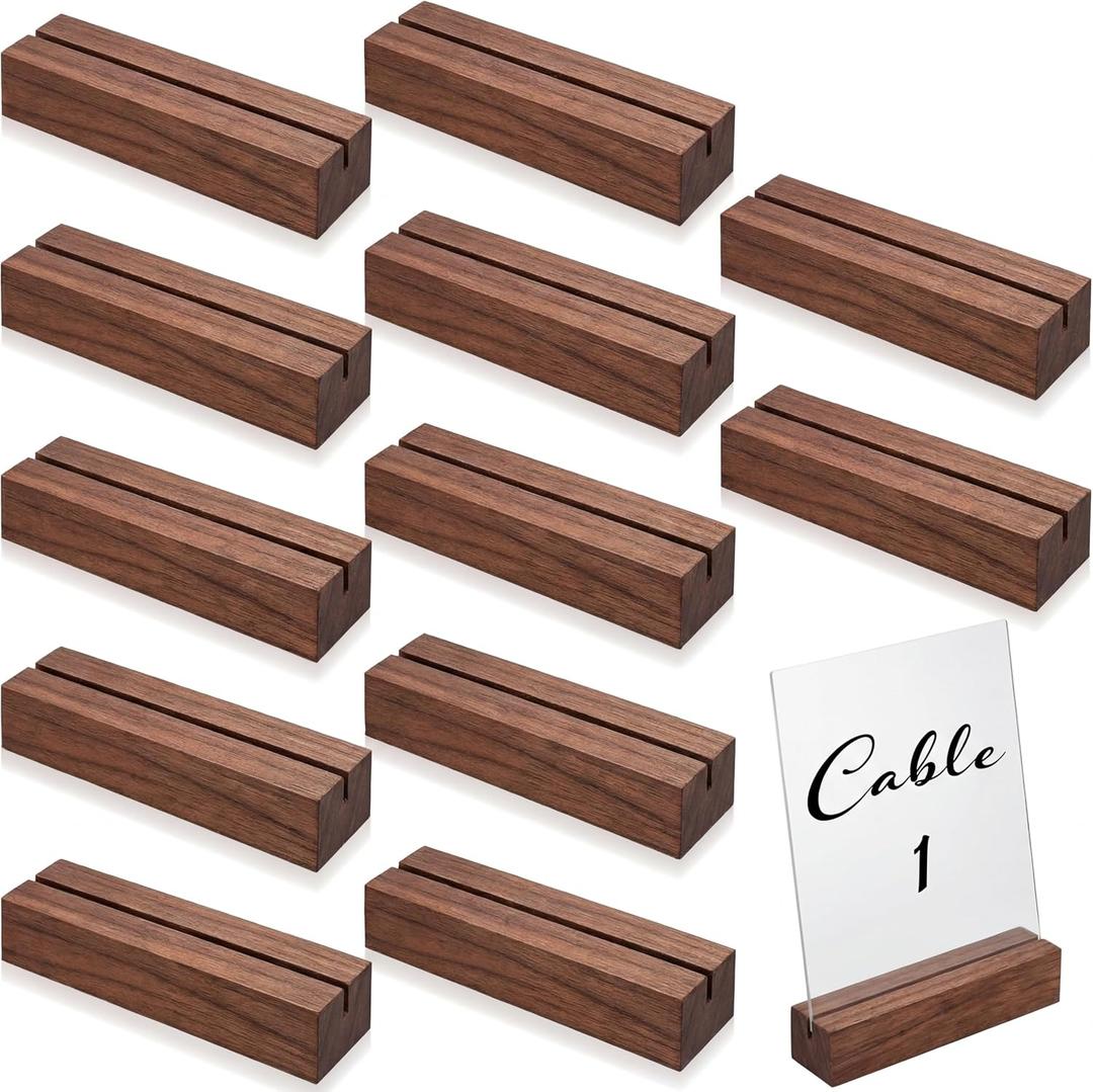 Blosssound 12 Pcs Wood Place Card Holders Wooden Table Number Holder Stands Name Card for Wedding Party Events Exhibition Decoration Office Restaurant Business(Brown,4.61 x 1.1 x 1 Inches)