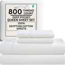 100% Egyptian Cotton Sheets Queen Size Bed Set, Deep Pocket Queen Sheet set, 800 Thread Count Cotton Bed Sheets, Naturally Cool Soft Breathable No Pill Elasticated Luxury White Bedding For All Seasons