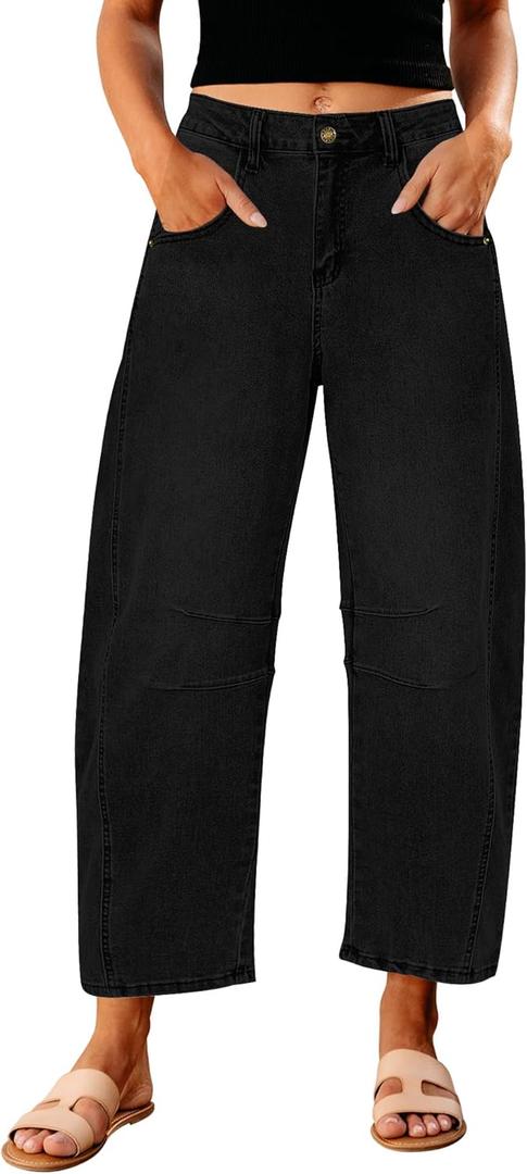 GRAPENT Barrel Jeans for Women Trendy High Waisted Wide Leg Baggy Cropped Relax Fit Stretch Denim Trouser Ankle Pants (Large, True Black)