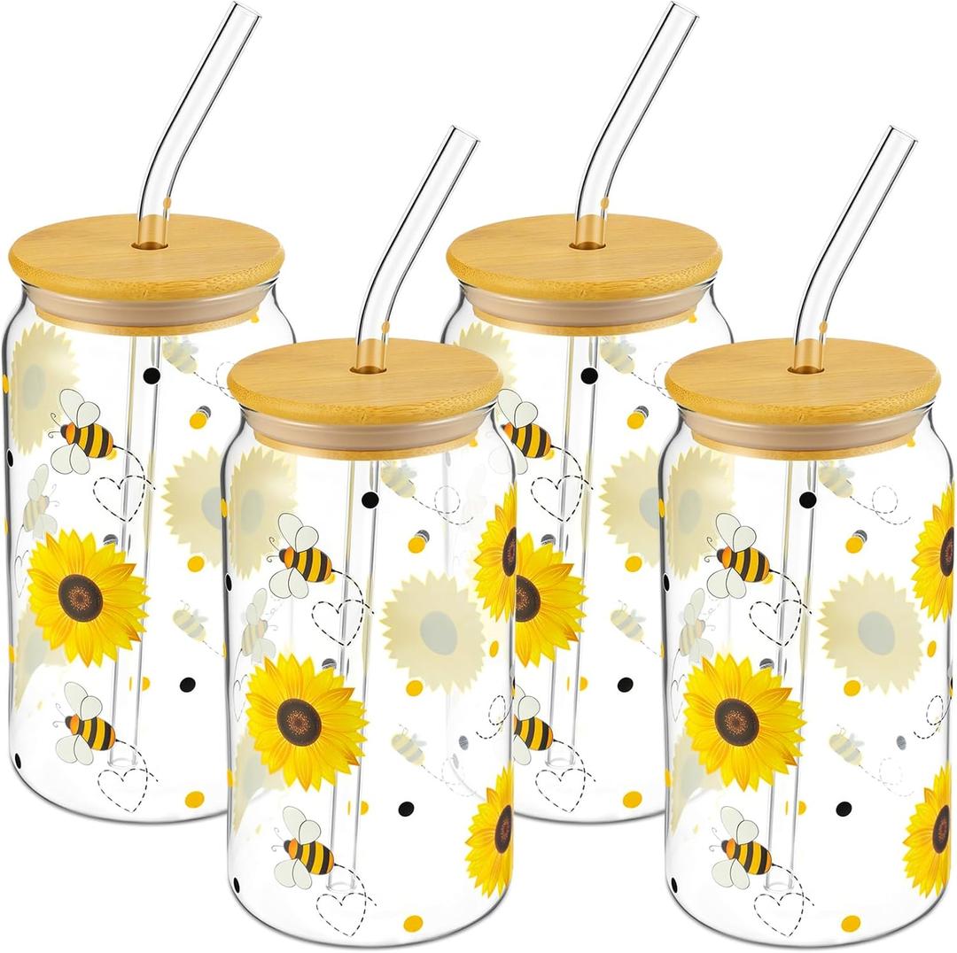 4 Sets Bee Glass Cups for Bee Lover 16 oz Clear Honey Sunflower Glass Cups with Bamboo Lids and Straws Cute Birthday Cup Gifts for Women, Mom, Friends, Bestie, Sister, Coworker
