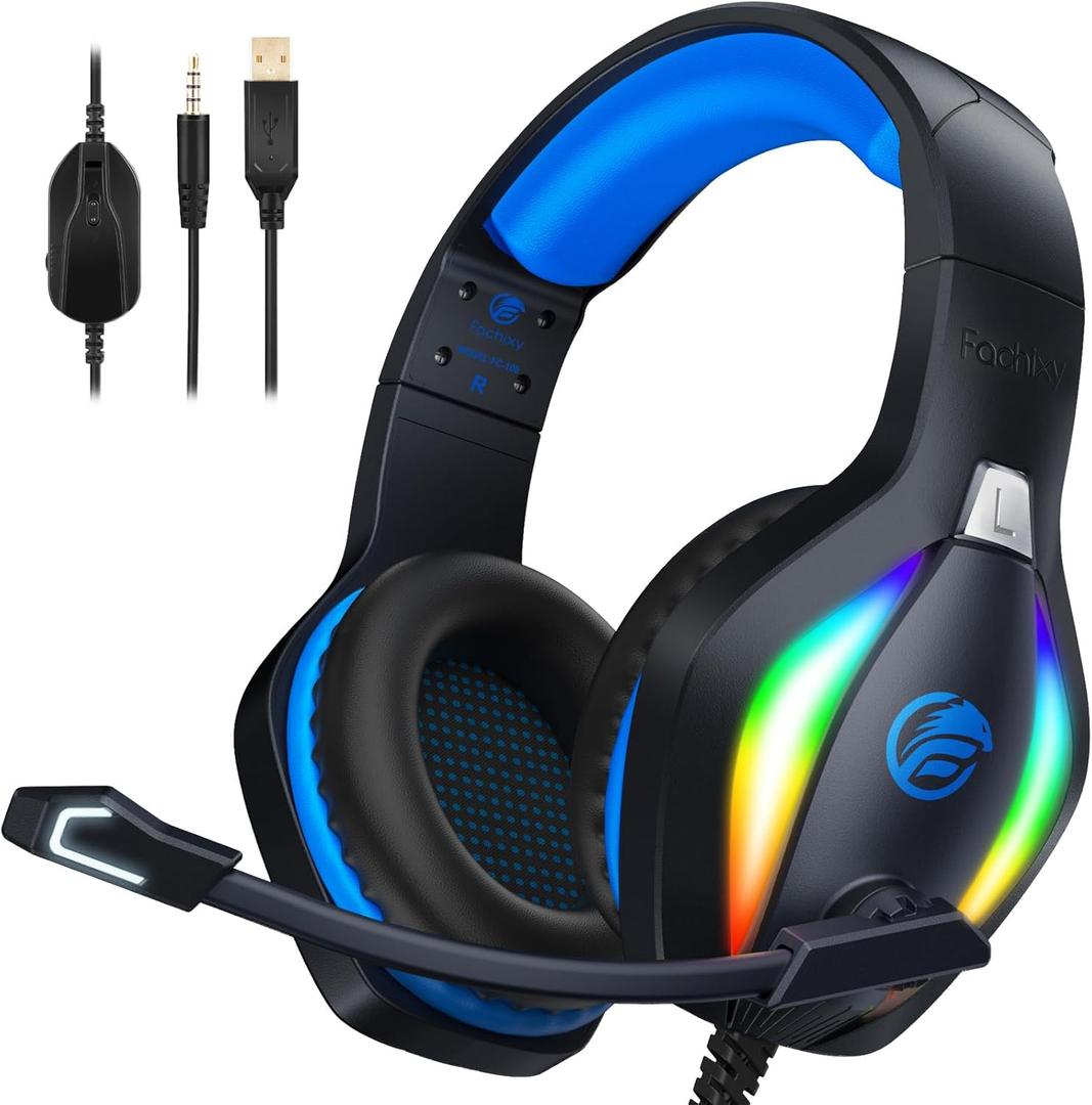 Fachixy FC100 Gaming Headset with Microphone for PS4, PS5, Switch, Xbox, PC, Mac, Gamer Headset with RGB Light, Computer Headphones with Mic (BLUE)