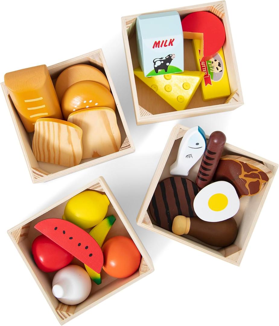 Melissa & Doug Food Groups - 21 Wooden Pieces and 4 Crates, Multi Play Food Sets For Kids Kitchen, Pretend Toy For Toddlers And Kids Ages 3+