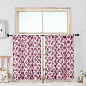 Chyhomenyc Flower Kitchen Curtains 30 Inch Length - Light Filtering Faux Linen Small Half Window Curtains Over Sink, Modern Farmhouse Curtain Tiers for Bathroom Basement, 30Wx30L, 2 Pieces, Burgundy