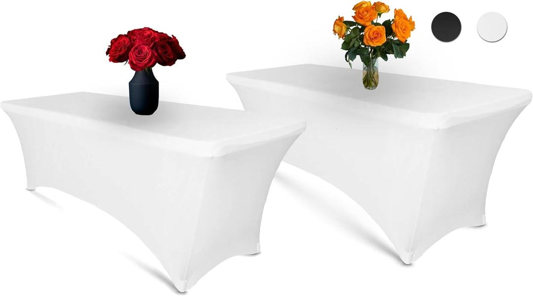 Luxury Collection 6ft Tablecloth Rectangular Spandex Linen - White Table Cloth Fitted Cover for 6 Foot Folding Table, Wedding Linens Banquet Cloths Rectangle Covers (2 Pack)