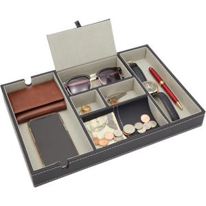 Juvale Nightstand Organizer Tray - 14 x 10 x 1.5 in, Black Faux Leather - Valet Tray for Men with 6 Compartments for Watch, Jewelry & Keys