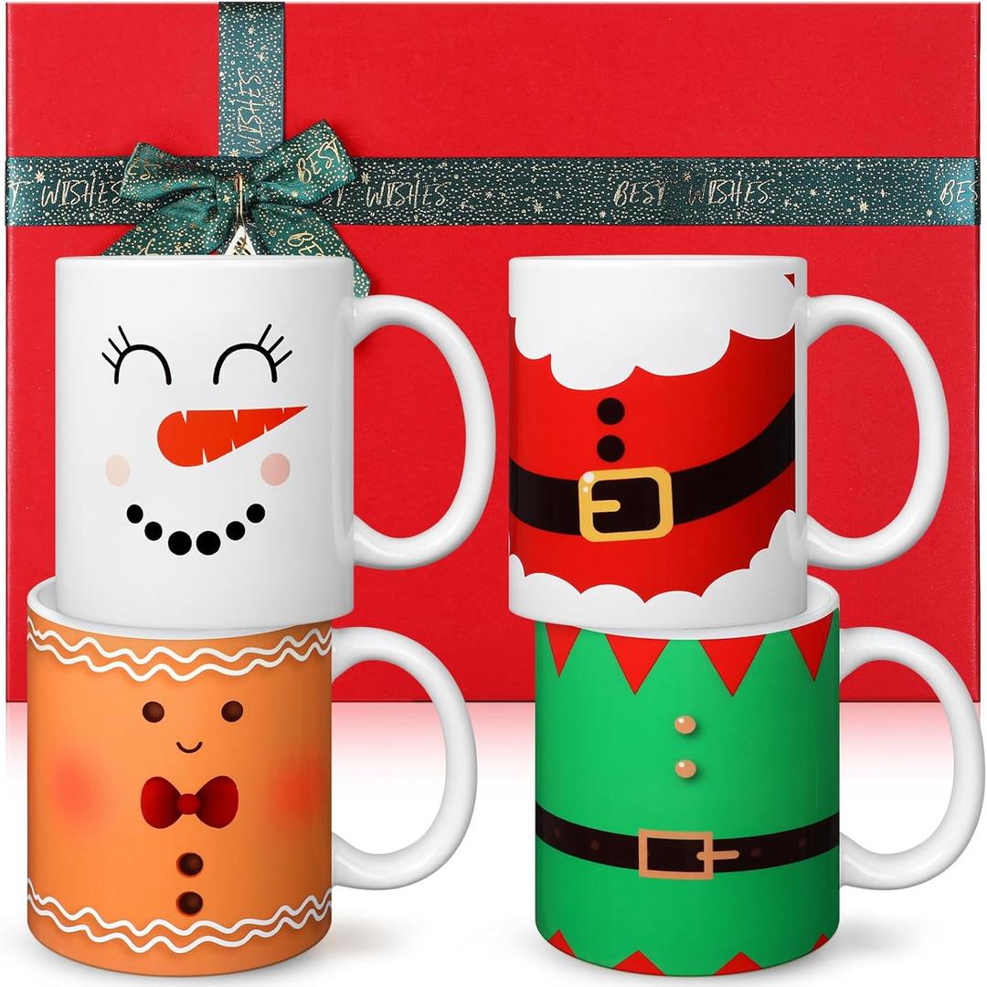 Baderke 4 Pcs Christmas Mugs Set with Gift Box 11 oz Christmas Coffee Mugs Set with Handle Ceramic Christmas Mug Gift Set with Festive Christmas Themed Design for Xmas Holiday Office Table