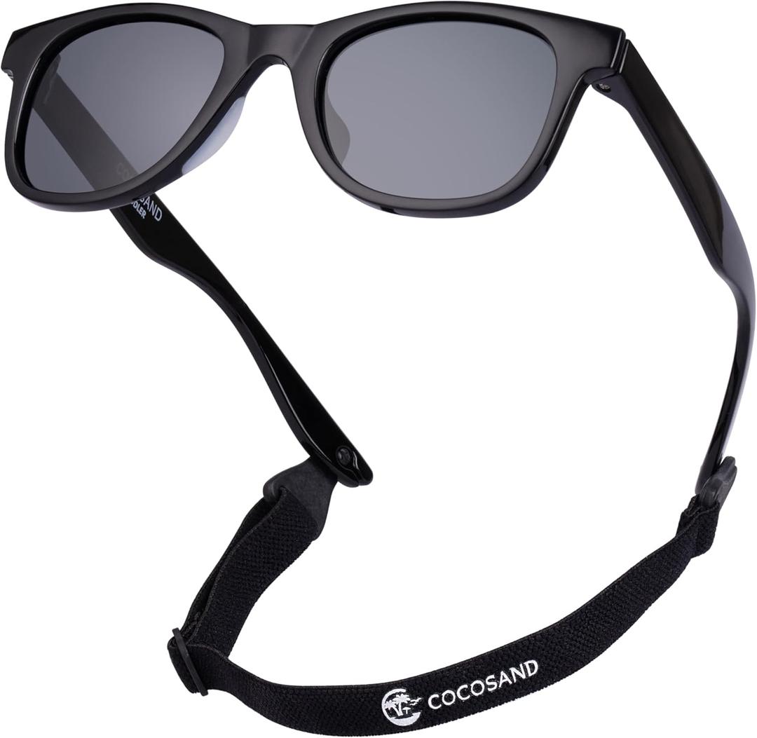 COCOSAND Kids Sunglasses with Strap Polarized Flexible Frame Soft Silicone Nose Pads for Toddler Boys Girls Ages 2-6 (Black With Grey Lens)