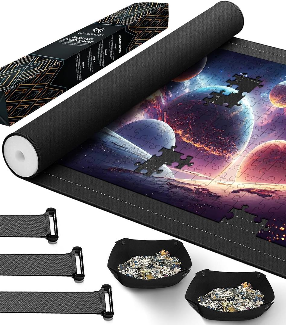 Puzzle Mat Roll Up for 1500 1000 Jigsaw Pieces Puzzles Board Large Portable Table Saver Pad Mats for Adults, 46" x 26" Smooth Top Rubber Bottom, 2 Sorting Trays, Foam Tube, 3 Straps, Storage Bag