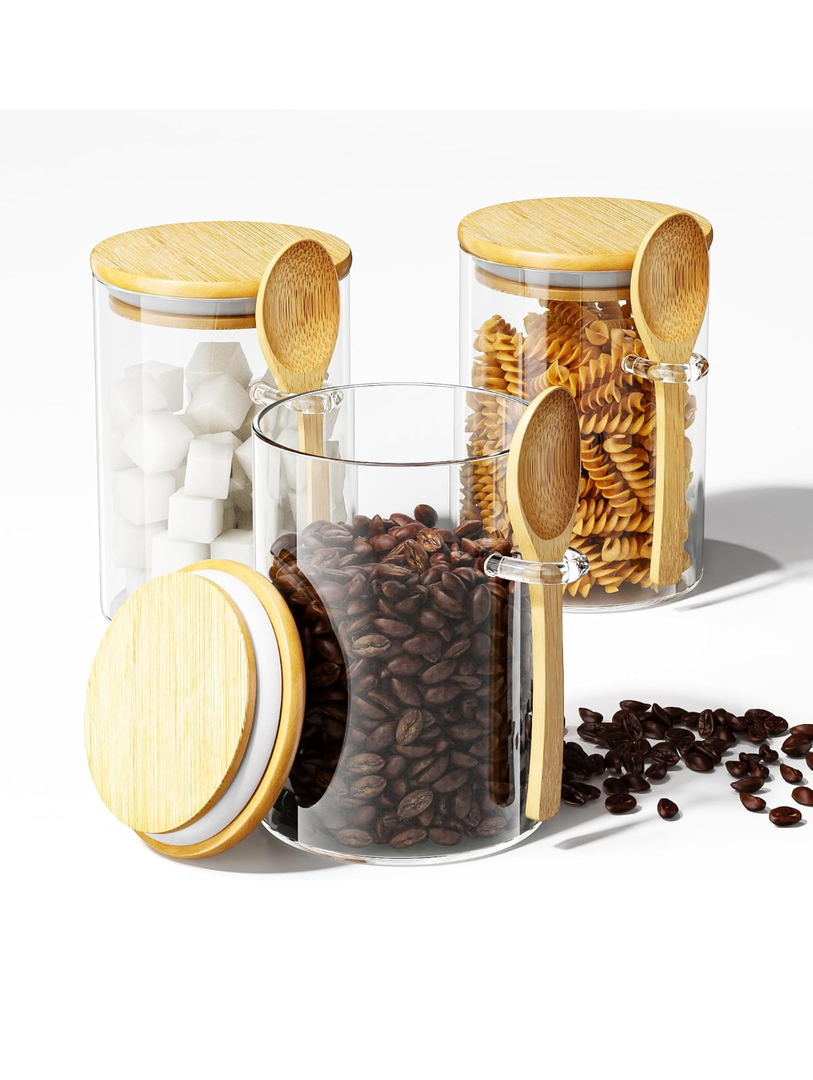 Coffee Sugar Container Salts Jars - 15oz Glass Airtight Caning with Bamboo Lids and Spoons Scoop, Storage Overnight Oats, Spice, Creamer, Food Organizer, Set of 3