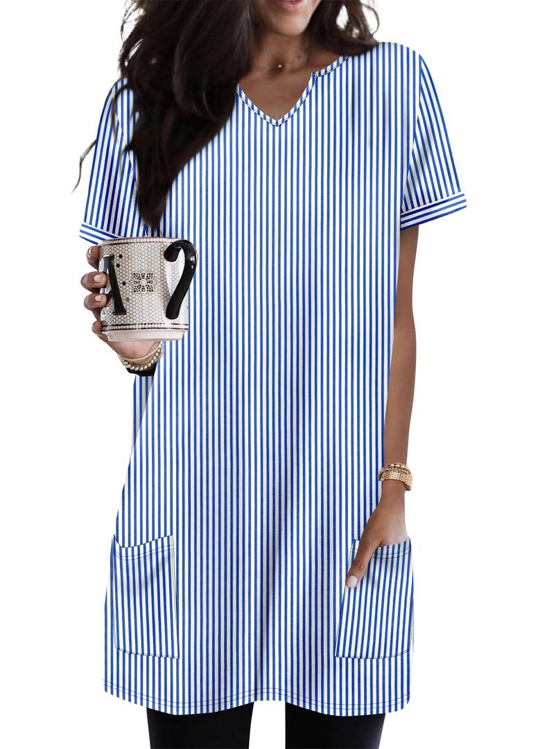 KISSMODA Women's Short Sleeve Tunic Tops Summer for Leggings Casual Long Tunics with Pockets T Shirts (M)