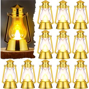 Ferraycle 12 Pcs Mini Lantern for Centerpiece Western Wedding Decor 4 Inch Camping Decorative with LED Candle Vintage Hanging Lantern Ornaments Bulk for Cowboy Cowgirl Xmas Party Decoration (Gold)