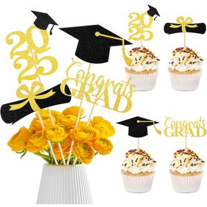 40PCS Graduation Decorations 2025 Set  24 Cupcake Toppers & 16 Table Centerpieces, Non-Shedding Glitter Table Toppers, Double-Sided Class of 2025 Grad Party Decorations (Black Gold)