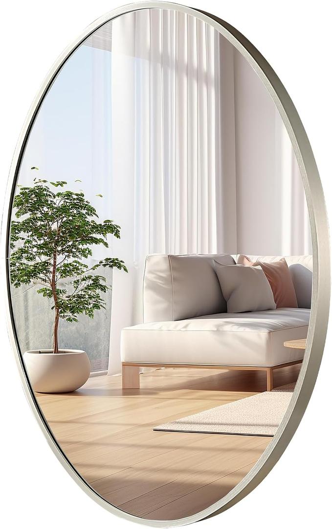 Oval Wall Mirror, 22"x30" Brushed Nickel Vanity Mirror, Bathroom Mirror of Metal Frame, Home Decorative Wall Mounted Mirror for Bathroom, Living Room, Entryway, Vanity