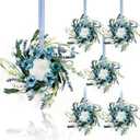 6 Pcs Small Blue Daisy Flower Hanging Wreaths for Cabinets with White Floral Eucalyptus Leaves Lavender Artificial Grains Mini Candle Rings Wreath for Home Front Door Farmhouse Coastal Blue Porch