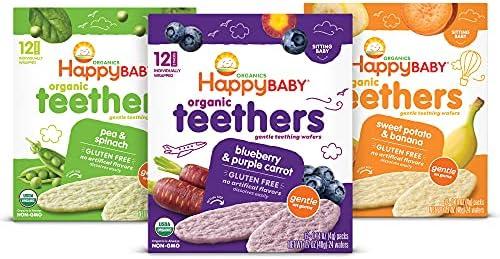1 Year Baby Snacks Organic Baby Teethers Happy Baby Organic Teething Wafers 3-Flavor BBD: 01-29-27, BBD: 10-03-26, and BBD: 01-03-27