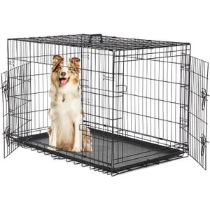 Dog Crate, 42 Inch Large Double Door Portable Dog Cage, Metal Wire Pet Kennel with Secure Lock, Leak-Proof Pan Tray, Foldable Design for Dogs Pets Indoor Training and Outdoor Trave (42.0"L x 26.8"W x 29.1"H)