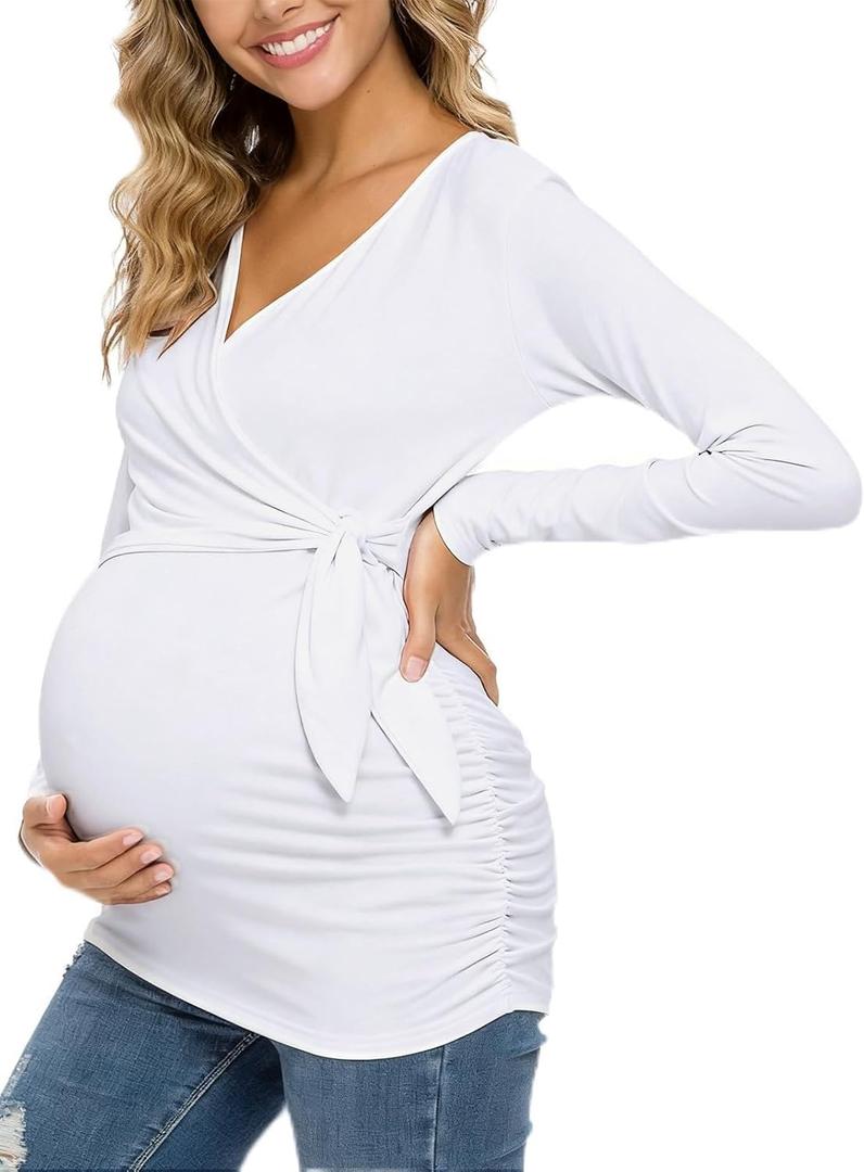 Glampunch Women's Maternity Shirts Short & Long Sleeve Tie Front Wrap Maternity Tops (04-white), S